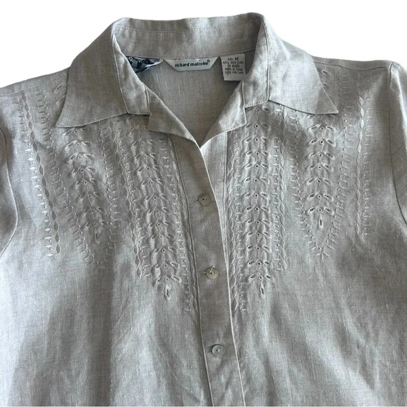 Vintage Richard Malcolm Embroidered Tan Beige Irish Linen Button Down Resortwear - Picture 2 of 8